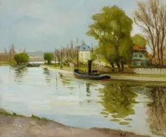 Dampfschiff vor der Schleuse by Marcel Dyf, Öl auf Leinwand, sold May 2019