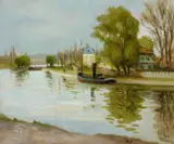 Marcel Dyf, Dampfschiff vor der Schleuse, Öl auf Leinwand