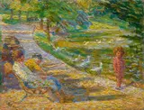 Ludovic Vallée, Beim See im Park, Öl auf Karton