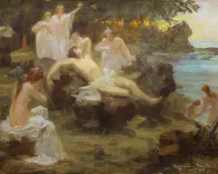 René Rousseau-Decelle, Badende am See, Öl auf Leinwand