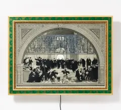 Petrus Wandrey, "Raffaels Internet Window", 1995, Tusche über Papiercollage (Druck und Reproduktion) mit Display
