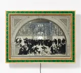 Petrus Wandrey, "Raffaels Internet Window", 1995, Tusche über Papiercollage (Druck und Reproduktion) mit Display