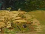 Robert Sterl, "Getreideernte mit blauem Krug", Öl auf Karton