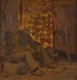 Robert Sterl, "Ruhender Mann am Brennofen", Öl auf Karton