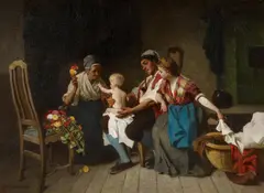 Max Michael, Interieur mit Bauernfamilie, Öl auf Leinwand