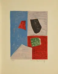 Komposition in Rosa, Rot und Blau by Serge Poliakoff, 1958, Farblithografie auf BFK RIVES (Wasserzeichen), sold May 2019