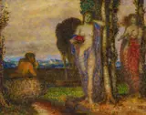 Adolf Frey-Moock, Faun und Nymphen, Öl auf Karton