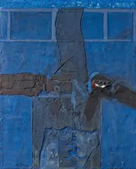 Karl Fred Dahmen, "Blaue vertikale Figur", 1964/65, Materialbild auf Leinwand