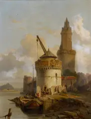 François Bossuet, Die Verladung von Mühlsteinen am Alten Kran in Andernach, Öl auf Holz