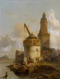 François Bossuet, Die Verladung von Mühlsteinen am Alten Kran in Andernach, Öl auf Holz