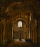 Dresden School, Maler im Inneren einer alten romanischen Kapelle (Klosterruine Oybin?), Öl auf Leinwand