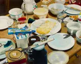 Frank Bauer, Frühstück, 1992, Öl auf Nessel