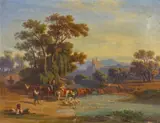 Johann Jakob Frey, Hirten an der Furt in der italienischen Campagna, Öl auf Leinwand