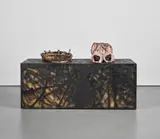 Sterling Ruby, Mortar & Pestle/Torso Combo, 2007, glazed ceramic with oxides and brass, in 2 parts on spray painted wooden base