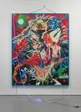 Parker Ito, Cheeto Returns (Dynamic Blue) / Not Sure if You Know This But I'm an Artist (Red Strainer) - This is Actually so Hype (ParkerItoArt.com), 2014, oil on canvas in artist's painted aluminium frame and strainer with chains, LED strip tape, LED strip tape controller, electrical components and hanging hardware