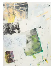 Leo Gabin, With Ice in Mouth, 2014, lacquer, spray paint, acrylic silkscreen and paper collage on canvas