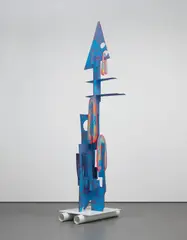 Aaron Curry, Witch with a Flower Pot Head, 2011, ink and silkscreen on wood on painted aluminium base