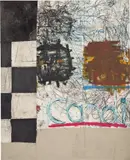 Oscar Murillo, Candi, 2013, oil, oilstick, thread, dirt, plastic and paper collage on canvas