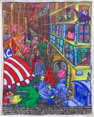 Hervé Di Rosa, La rue du malheur, 1983, graphite and acrylic on unstretched canvas