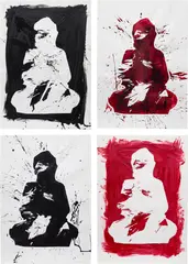 Kendell Geers, Positive and Negative Red and Black Buddha, 2003, ink on paper, in 4 parts