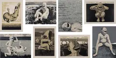 Yue Minjun, Eight works: The Grassland Series, 2008, serigraph and woodcut print, in 8 parts