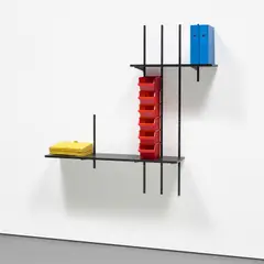 Mathieu Mercier, Drum and Bass "No 3", 2005, wooden shelves, binders, plastic containers, wall brackets and metal rails, in 21 parts