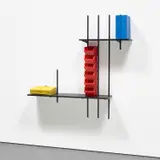 Mathieu Mercier, Drum and Bass "No 3", 2005, wooden shelves, binders, plastic containers, wall brackets and metal rails, in 21 parts
