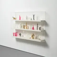 Matthew Darbyshire, Untitled: Shelves No. 1 (series 4), 2011, chromed gold train bong, Buddha head, Morano elephant ornament, tribal figurine, Coca Cola glasses, chromed Coca Cola glasses, chromed silver Rietveld model chair, Alessi cutlery, Morano vase, acrylic bong, clear glass owl ornament, owl jug, owl peanut jar, coronation plate, pink glass bong, shoe horn, glass bell ornaments, acrylic desk sculpture, Vitra Panton chair model, ganesh figurine, Jesus figurine and Shinto gate, in 29 parts