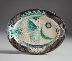 Poisson de profil (Fish in profile) by Pablo Picasso, 1951, White earthenware dish with hand-painting in colours and glazed on the front and reverse, sold Jan 2020