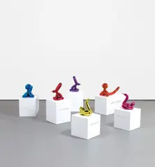 Jeff Koons, Balloon Animals Collector's Set, 2017, The complete set of six porcelain multiples painted in chrome, all contained in the original Styrofoam-lined boxes with silver printed signature