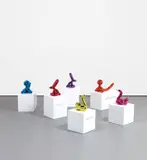 Jeff Koons, Balloon Animals Collector's Set, 2017, The complete set of six porcelain multiples painted in chrome, all contained in the original Styrofoam-lined boxes with silver printed signature
