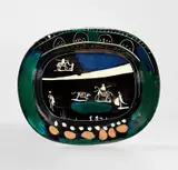 Pablo Picasso, Corrida verte (Green Bullfight), 1949, White earthenware rectangular dish painted in colours with engraving, coloured engobe, and partial brushed glaze