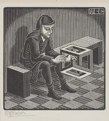 Untitled (Man with Cuboid) by M. C. Escher, 1958, Woodcut, on wove paper, with full margins, sold Jan 2020