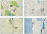 Cornelia Parker, Meteorite Lands on Bagdad, Louisiana; Meteorite Misses Roswell, New Mexico; Meteorite Misses Waco, Texas; and Meteorite Misses Truth + Consequences, New Mexico, from Meteorite Lands....in the Middle of Nowhere, 2001, Four open road maps with scorch and burn marks