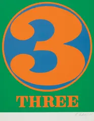 Three, from Numbers by Robert Indiana, 1968, Screenprint in colours, on Schöllers Parole paper, the full sheet, with accompanying paper folder with screenprinted poe, sold Jan 2020