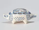 Grayson Perry, Piggy Bank, 2017, White ceramic piggy bank painted in blue and glazed, with rubber stopper, contained in the original cardboard box