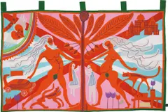 Marriage Flag by Grayson Perry, 2019, Cotton fabric and embroidery appliqué handmade flag in colours, sold Jan 2020