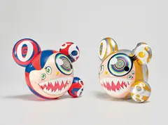 Takashi Murakami X ComplexCon, ComplexCon: Mr. Dob (Red/Blue); and ComplexCon: Mr. Dob (Gold), 2016-17, Two vinyl multiples with hand-printing in colours, each contained in the original silk-lined, printed cardboard boxes