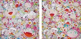 You have all sorts of ups and downs in life. Right, Kaikai and Kiki?!; and There's bound to be difficult times There's bound to be sad times But we won't lose heart; we'd rather not cry, so laugh, we will! by Takashi Murakami, 2017/18, Two offset lithographs in colours with sticker additions, on smooth wove paper, the full sheets, sold Jan 2020