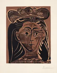 Portrait de Jacqueline au chapeau de paille fleuri (Portrait of Jacqueline with a Flowery Straw Hat) by Pablo Picasso, 1962, Linocut in colours, on Arches paper, with full margins (deckle at lower edge), sold Sep 2020