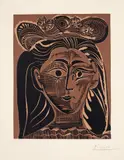 Portrait de Jacqueline au chapeau de paille fleuri (Portrait of Jacqueline with a Flowery Straw Hat) by Pablo Picasso, 1962, Linocut in colours, on Arches paper, with full margins (deckle at lower edge), sold Sep 2020