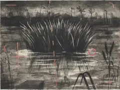 Reeds by William Kentridge, 1996, Etching and aquatint with drypoint printed in red and black, with hand-colouring in pastel, on hand-painted Arches paper, sold Sep 2020