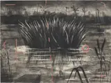 William Kentridge, Reeds, 1996, Etching and aquatint with drypoint printed in red and black, with hand-colouring in pastel, on hand-painted Arches paper, the full sheet