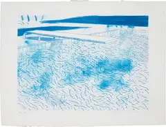 Lithograph of Water Made of Lines by David Hockney, 1978, Lithograph in two shades of cyan blue, on TGL handmade paper, with full margins, sold Sep 2020