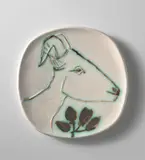 Tête de chèvre de profil (Goat's Head in Profile) by Pablo Picasso, 1950, White earthenware round plate painted in colours with partial brushed glaze, sold Sep 2020