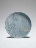 L'Ingénue (The Ingenue) by Jean Cocteau, 1963, White earthenware round dish with coloured engobe and crayon d'oxyde additions, sold Sep 2020