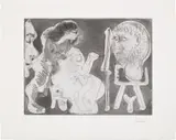 Pablo Picasso, Peintre avec une sculpture sur une sellette, une femme nue et un spectateur (Painter with a Sculpture on a Stand, a Nude Woman and a Spectator), 1963, Etching and aquatint, on BFK Rives paper, with full margins