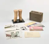 Claes Oldenburg, London Knees, 1966, The pair of cast flexible latex sculptures coated in polyurethane with single acrylic plastic base, with accompanying set of three green cloth-covered paper board folders containing postcards and reproductions related to The Knees as London Monument Project , with justification, all contained in the original buckram-covered travelling case with printed title and date