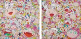 Fortune Favors the Merry Home! Kaikai and Kiki; and There's bound to be difficult times There's bound to be sad times But we won't lose heart; we'd rather not cry, so laugh, we will! by Takashi Murakami, 2017, Two offset lithographs in colours with sticker additions, on smooth wove paper, the full sheets, sold Sep 2020