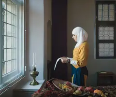 Jan Banning, Moroccan girl (Nissrine) reading an application form for an “inburgeringscursus” (citizenship course) at a closed window from National Identities, 2007, Archival pigment print in artist's frame